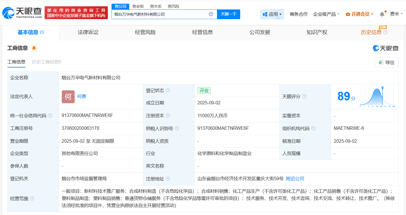 萬華化學(xué)、東方電纜等在煙臺成立新材料公司 注冊資本1.1億:公司注冊